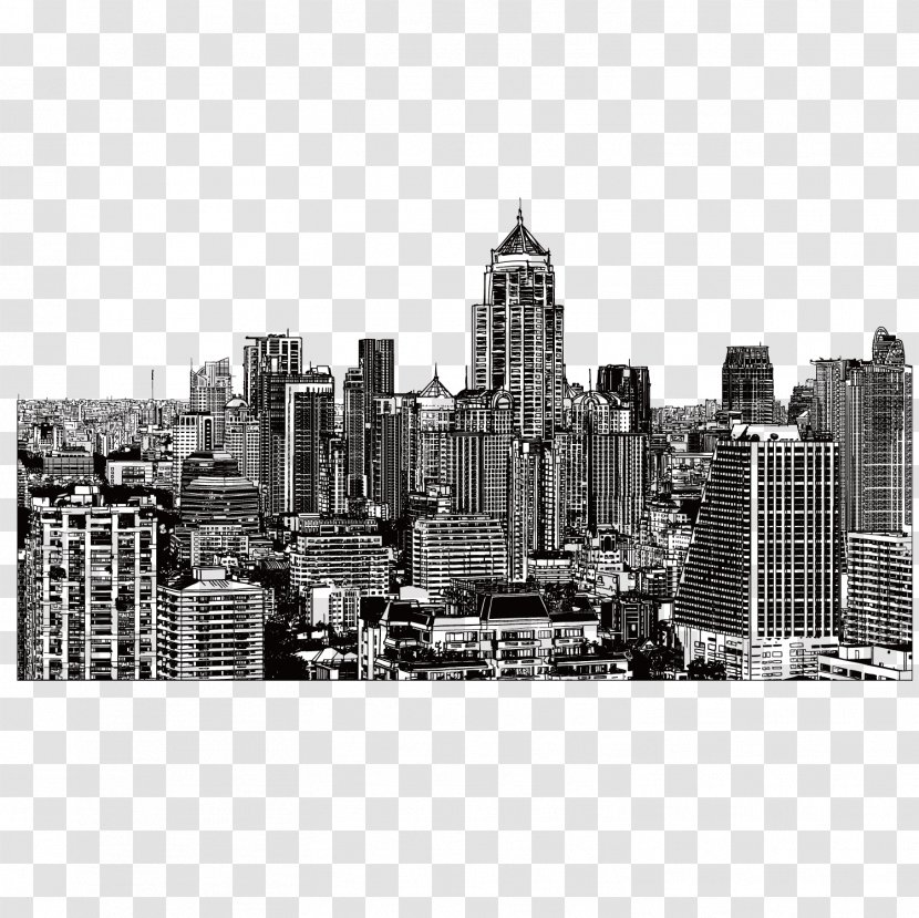 New York City Drawing Building Illustration - Monochrome - Vector Overlooking The Group Hand Painted Night View Transparent PNG