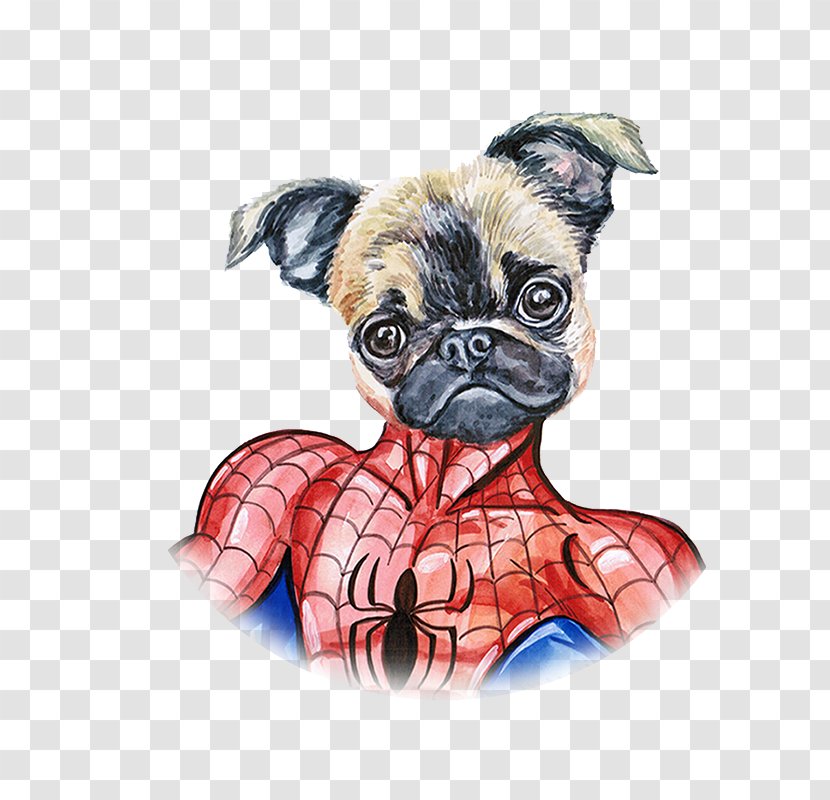 Pug Spider-Man Puppy - Mammal - Hand Painted Watercolor Dog Spiderman Transparent PNG