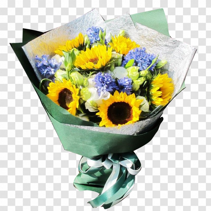 Floral Design Cut Flowers Common Sunflower Flower Bouquet - Flowering Plant - Blue-green Packaging Transparent PNG