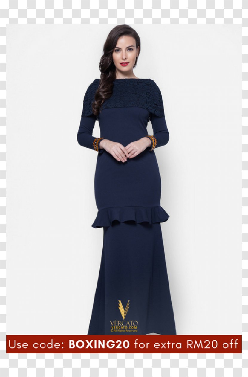 Baju Kurung Navy Blue Fashion Lace Dress - Neck Transparent PNG