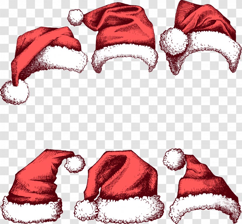 Santa Claus Christmas Hat New Year - Painted Red Hats Vector Transparent PNG