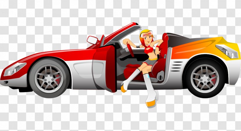 Sports Car Vehicle Clip Art - Race - Hand-painted Cartoon Fashion Beauty Sitting In A Transparent PNG