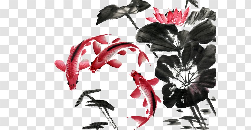 Ink Wash Painting Shan Shui Chinese - Lotus Fish Transparent PNG