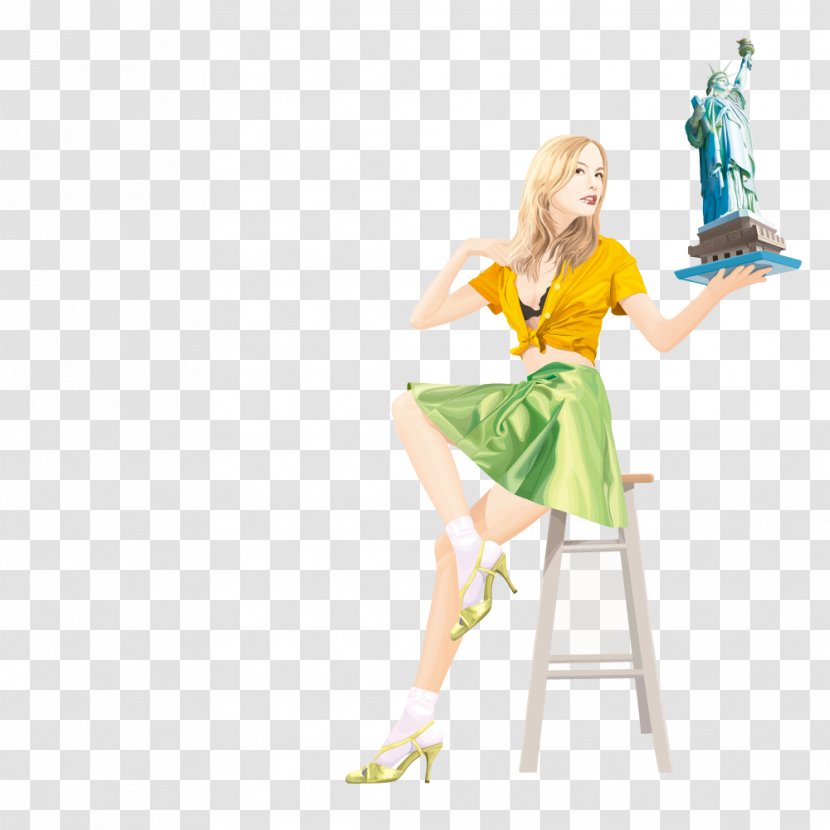 Statue Of Liberty Chair Woman - Watercolor - Holding A Sitting On Transparent PNG