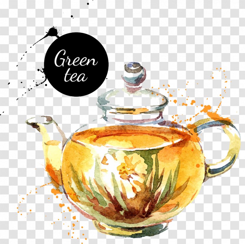 Watercolor Painting Drawing Royalty-free Teapot - Hand-painted Pot Of Green Tea Transparent PNG