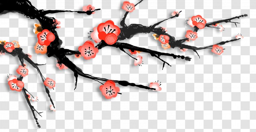 Plum Blossom Poster Ink Wash Painting - Technology - Flower Transparent PNG