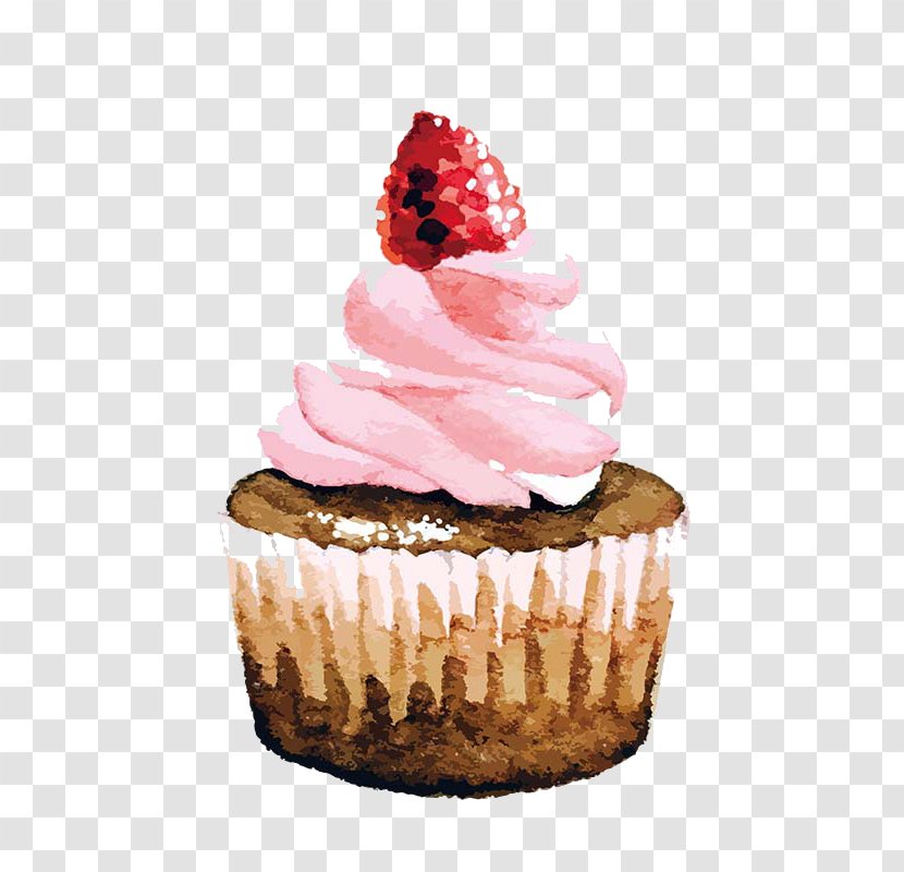 Cupcake Strawberry Cream Cake Birthday Watercolor Painting - Whipped - Drawing Transparent PNG