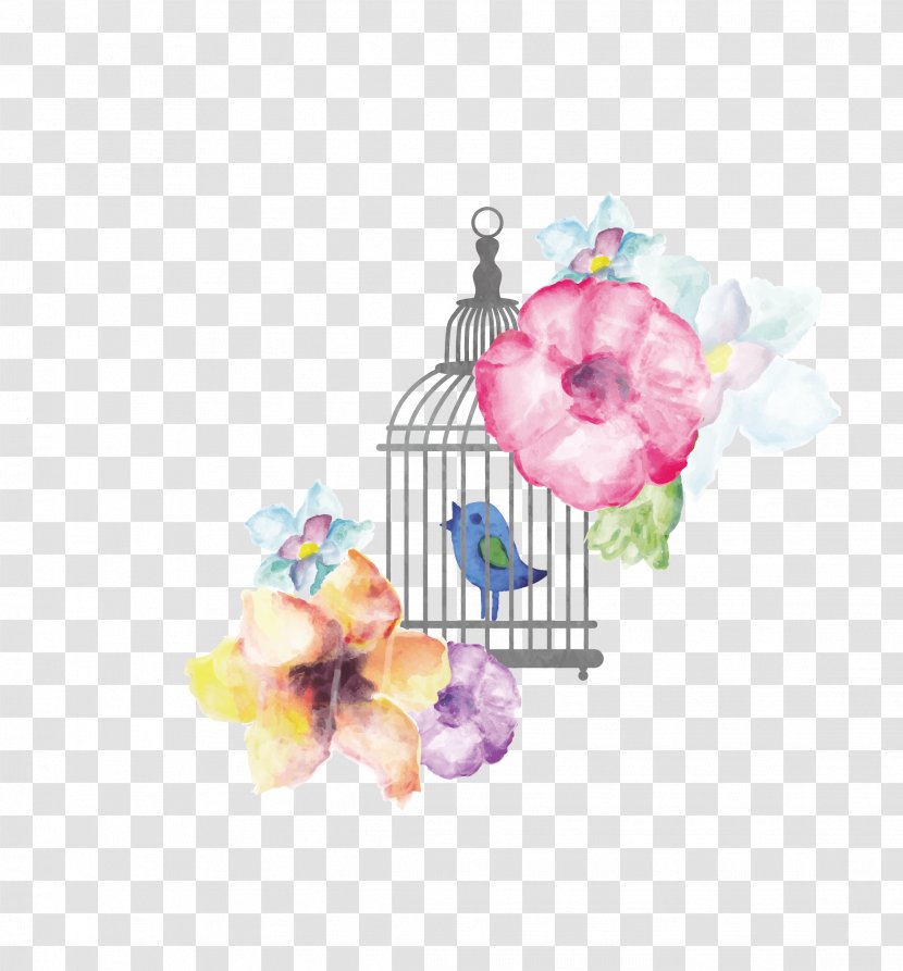 Birdcage Watercolor Painting - Pattern - Birds And Flowers Transparent PNG