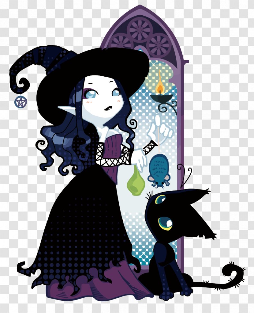 Cartoon Black Cat Illustration - Character - Vector Witch And Transparent PNG