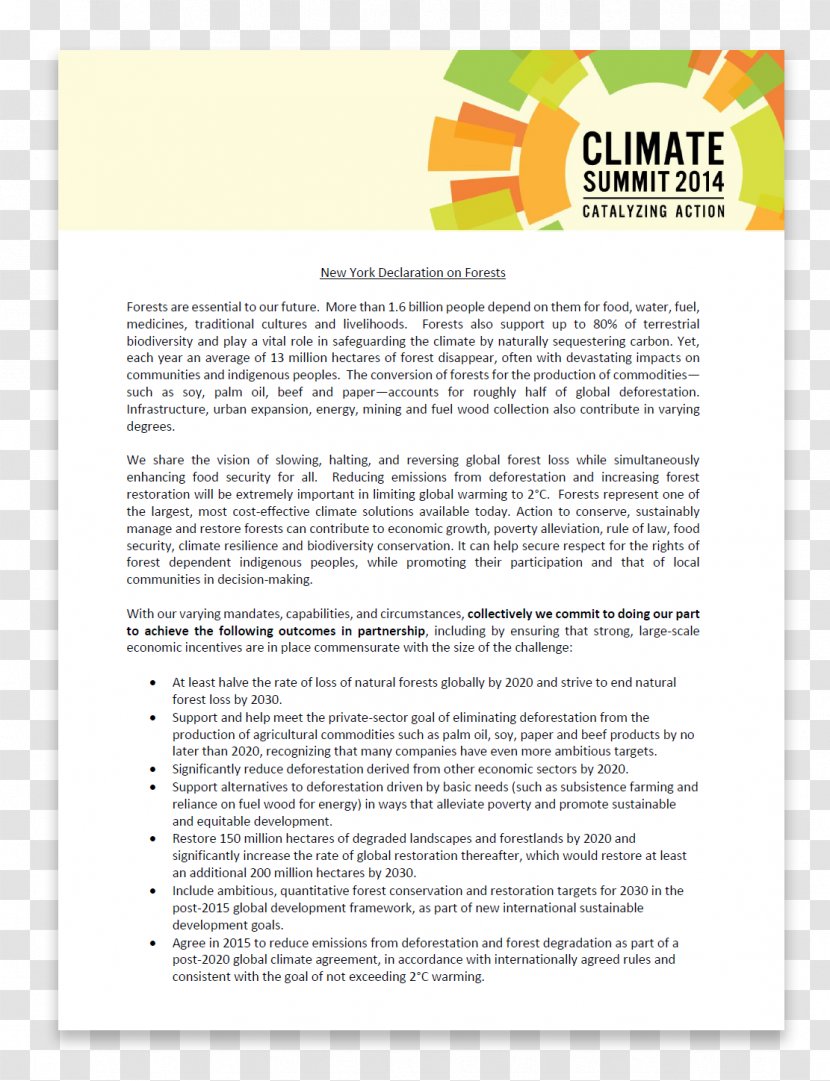 Climate Summit New York Declaration On Forests Food Chain Pollution Global Warming - United States - The Rights Of Indigenous Peoples Transparent PNG