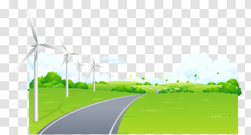 Hand-drawn Cartoon Landscape Road Windmill Grass Outskirts - Brand - Text Transparent PNG