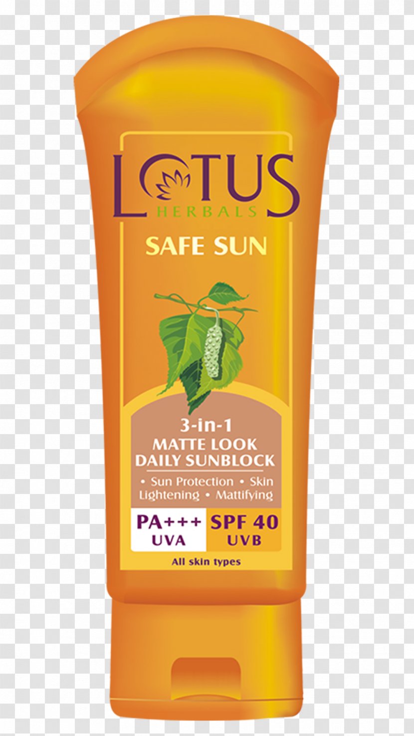 Sunscreen Lotion Cream Lotus Herbals Safe Sun 3-In-1 Matte Look Daily Sunblock SPF-40 Factor De Protección Solar - Skin Transparent PNG