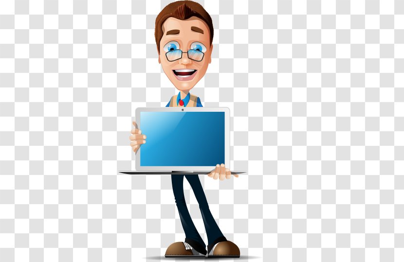 Businessperson Cartoon Clip Art - Hand-painted Laptop With Glasses Business Man Take Transparent PNG