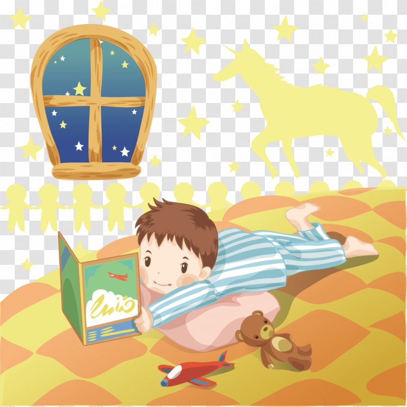 Boy Lying In Bed Reading A Book - Heart - Watercolor Transparent PNG