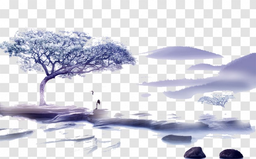 Chinoiserie Paper Fundal - Water - Mountain View Transparent PNG