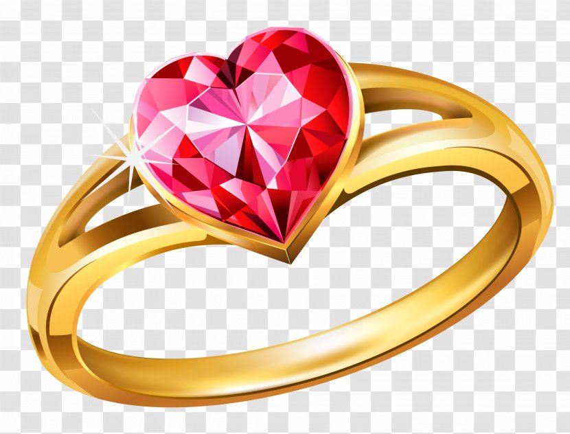 Wedding Ring Clip Art - Gold With Pink Diamond Heart Clipart Transparent PNG