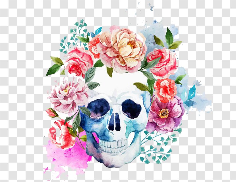 Calavera Human Skull Symbolism Art - Floral Design - Watercolor Transparent PNG