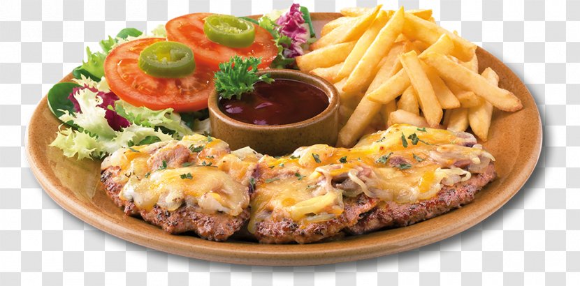 French Fries Salisbury Steak Full Breakfast Hamburger Foster's Hollywood - Meat - Chile Con Queso Transparent PNG