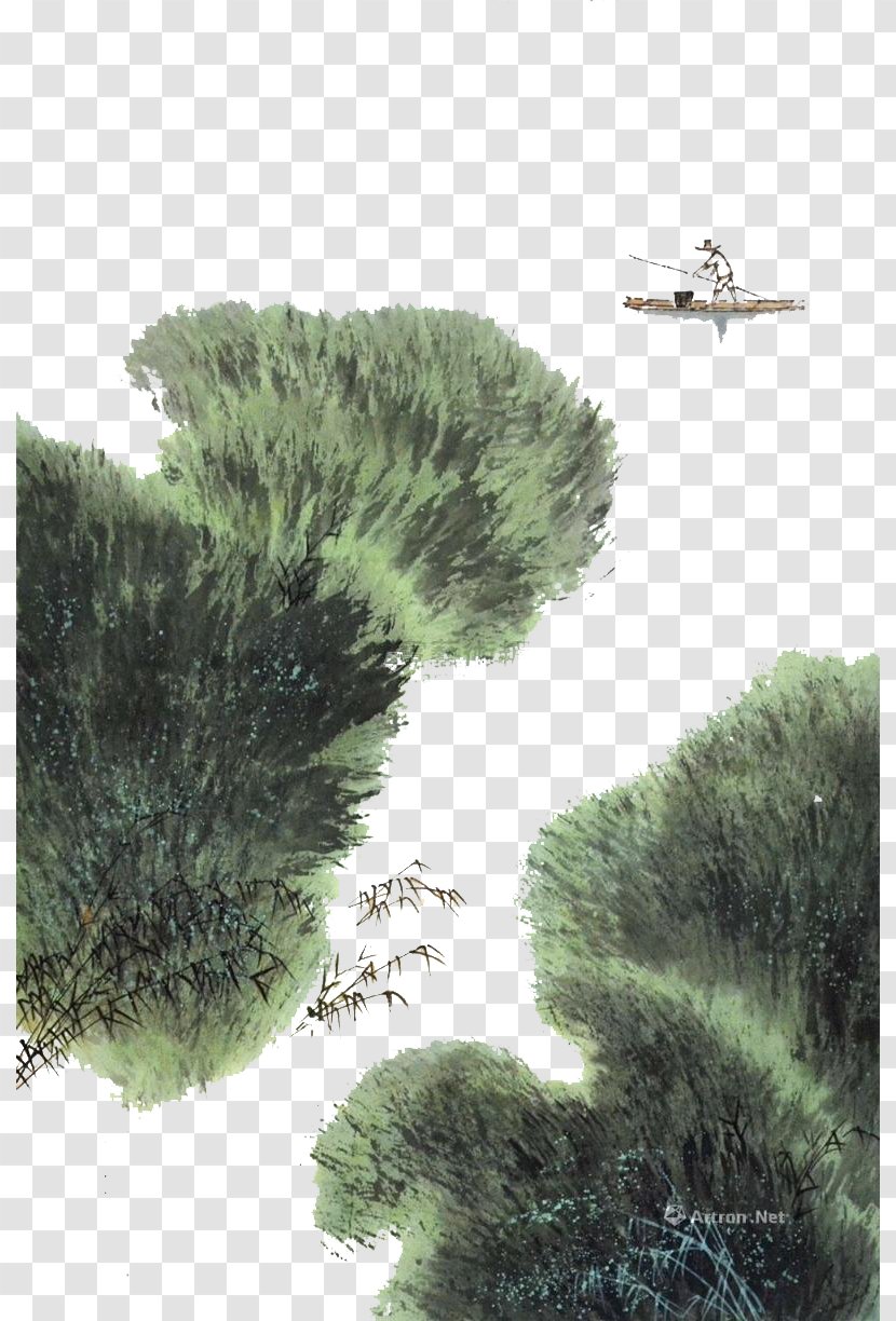 Boat Ink Wash Painting Chinese - Green Reed Marshes In The Transparent PNG
