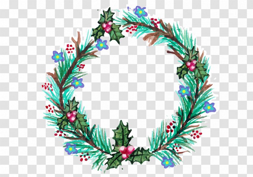 Wreath Santa Claus Christmas Clip Art - Floral Design - Hand Painted Round Green Leaf Frame Transparent PNG
