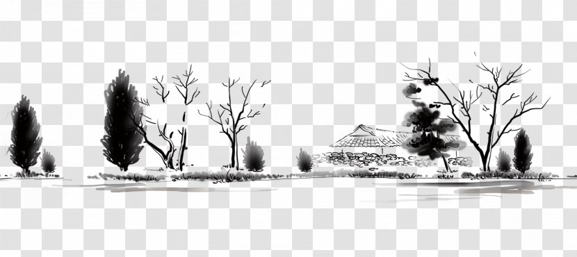 Ink Wash Painting - Black And White - Winter Elements Transparent PNG