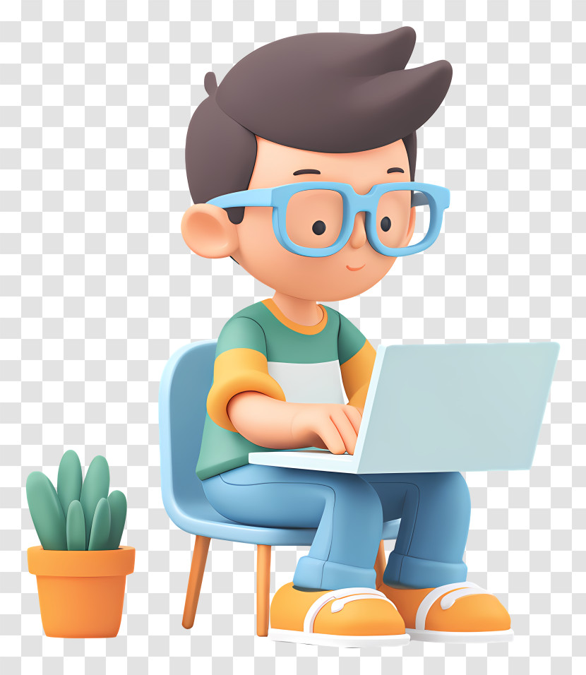 Boy Studying On Laptop With Glasses Transparent PNG