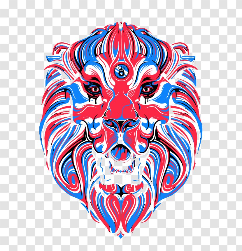 Red Lion Illustration - Silhouette - Blue And Lines Lionhead Transparent PNG