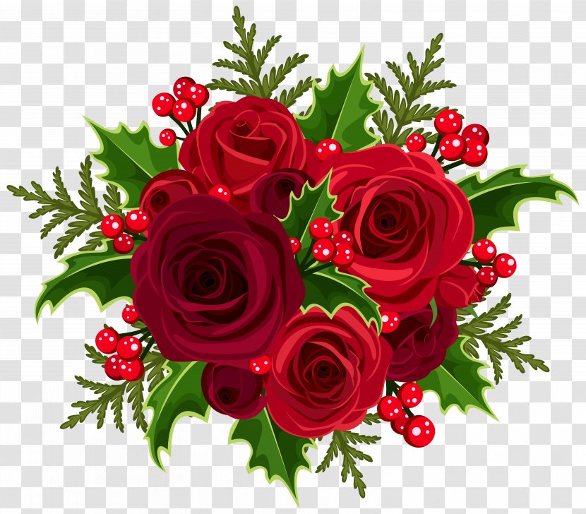 Christmas Flower Bouquet Rose Clip Art - Arranging - Red Decorative Transparent PNG