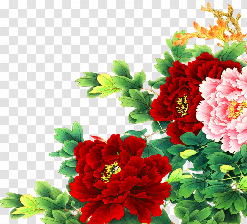 China Gongbi Bird-and-flower Painting Moutan Peony - Daisy Family - Green Leaves Painted Pink Transparent PNG