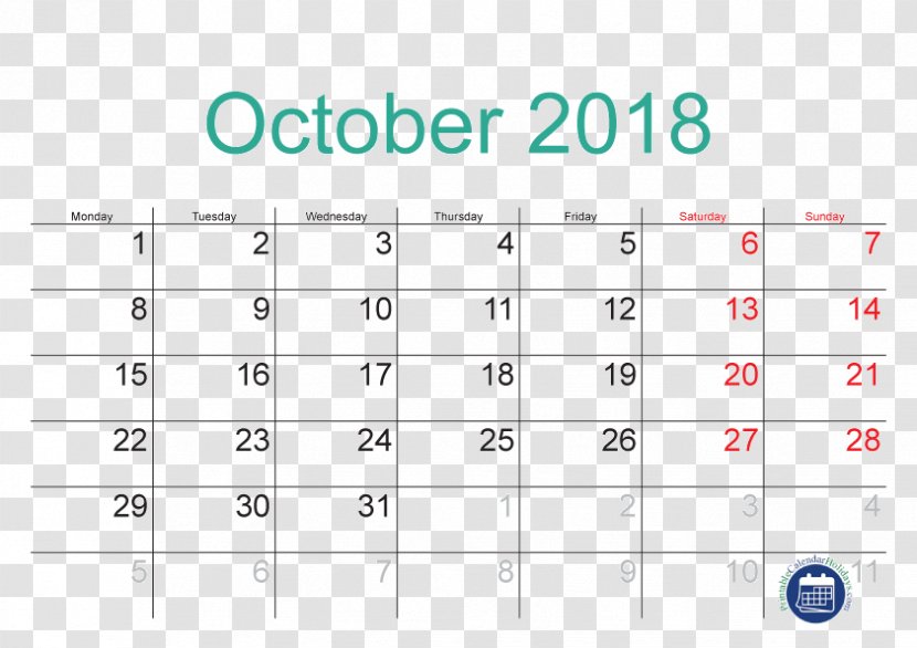 Public Holiday Calendar October Time - Online - 2018 Transparent PNG