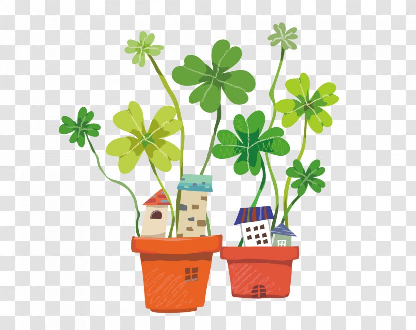 Cartoon Illustration - Tree - Potted Clover Vector Material Transparent PNG