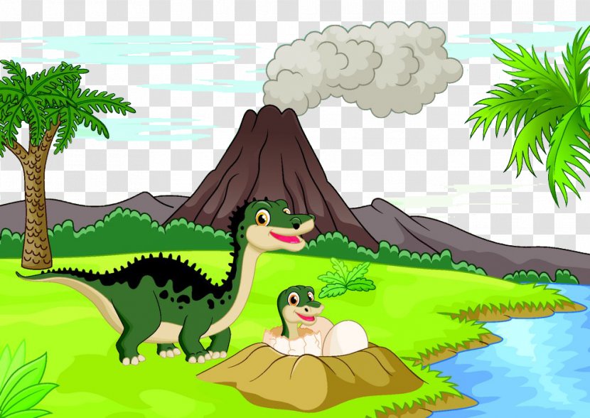Cartoon Dinosaur Volcano Illustration - Volcanoes And Dinosaurs Transparent PNG