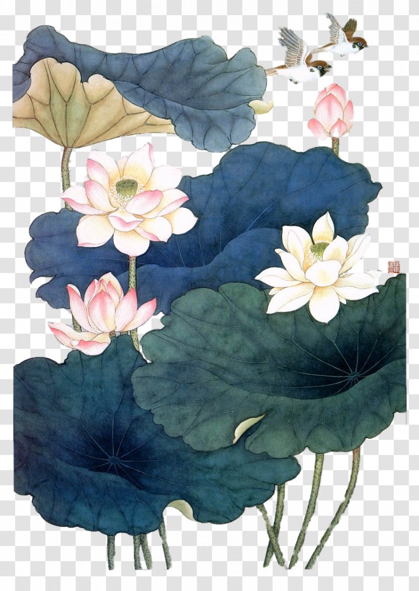 Art Glass Paintings Licoglass Light Drawing - Ink Wash Painting - Antique Element Lotus Birds Transparent PNG