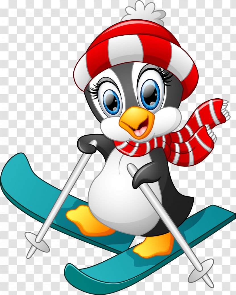 Penguin Cartoon Skiing Illustration - Royaltyfree - Vector Transparent PNG