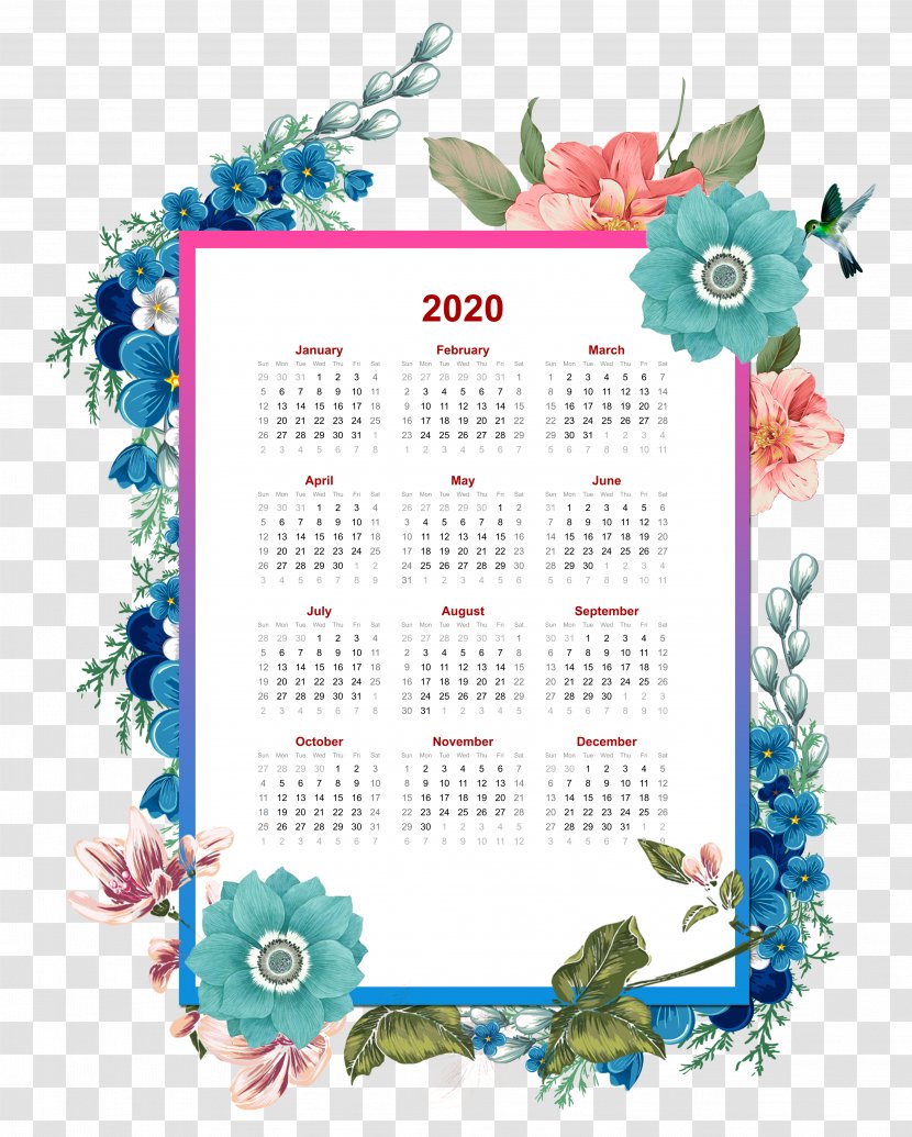 2020 Calendar Template - Drawing - Flowers Transparent PNG