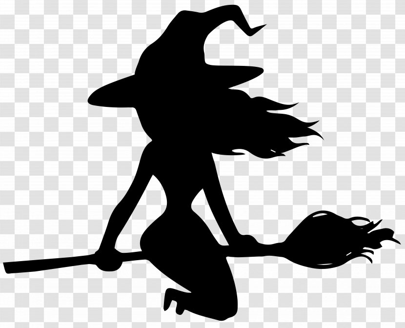 Halloween Witchcraft Silhouette Clip Art - Black - Witch On Broom Image Transparent PNG