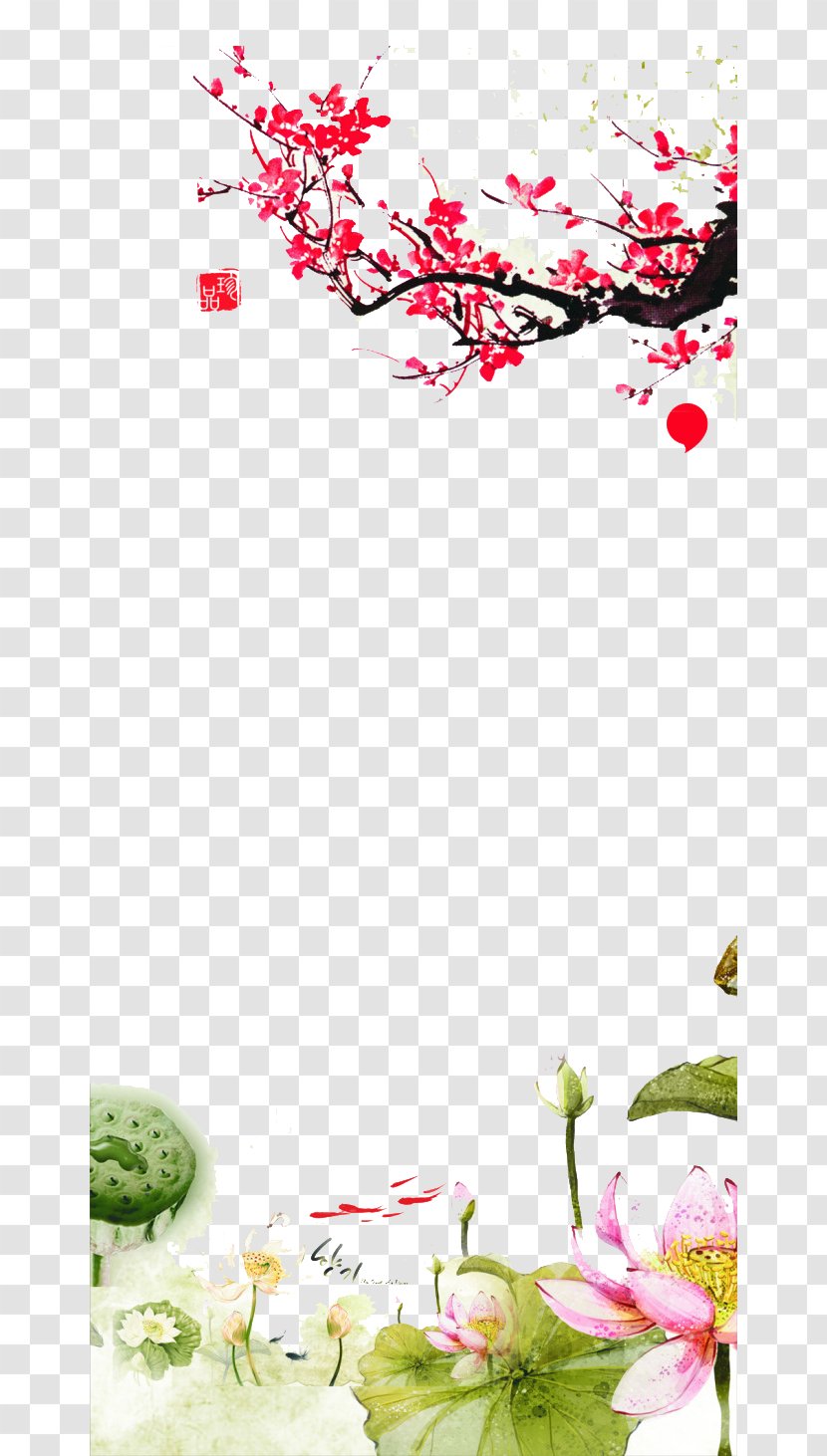 Tong Shu Ink Chinese Zodiac Tung Shing - Floral Design - Plum Blossom Lotus Background Transparent PNG