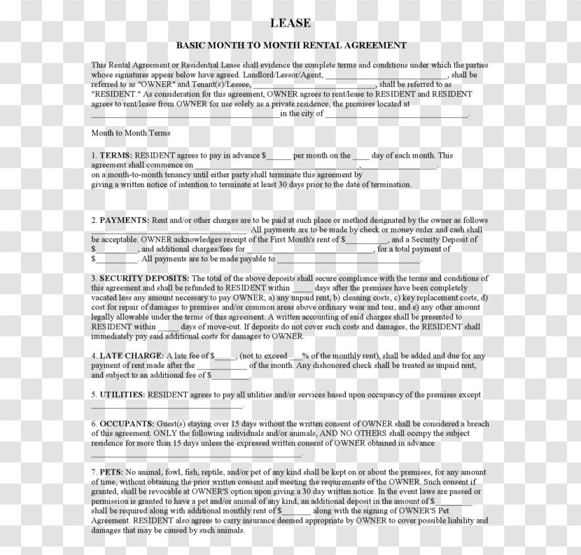 Rental Agreement Lease Contract Landlord Form - Area - House Transparent PNG