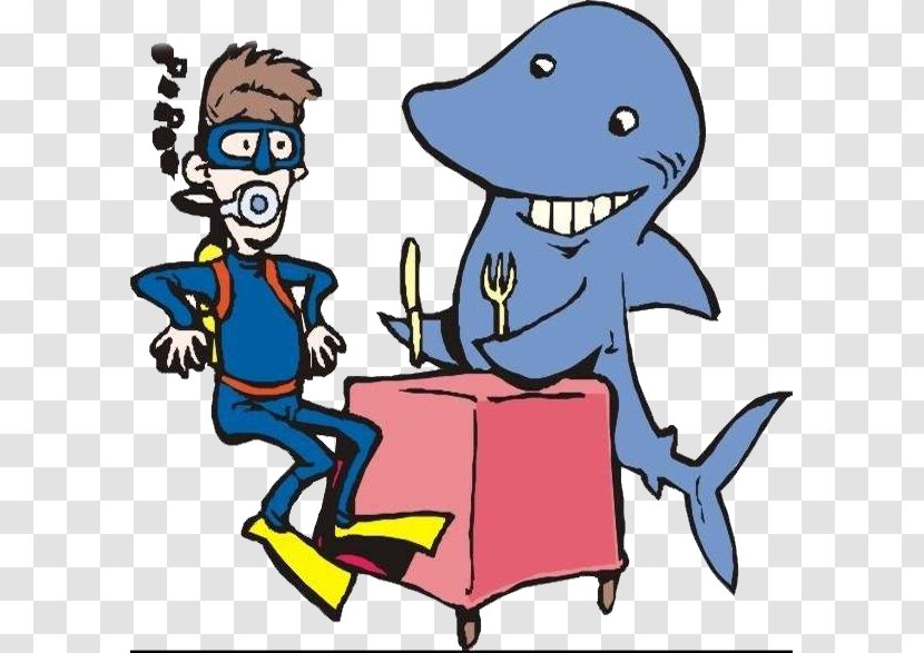 Shark Underwater Diving Cartoon Illustration - Diver Encounters Sharks Transparent PNG