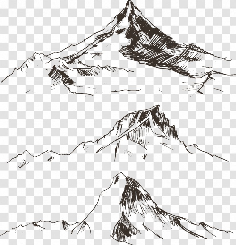 Drawing Mountain Royalty-free Illustration - Monochrome Photography - Vector Line Three Big Mountains Transparent PNG