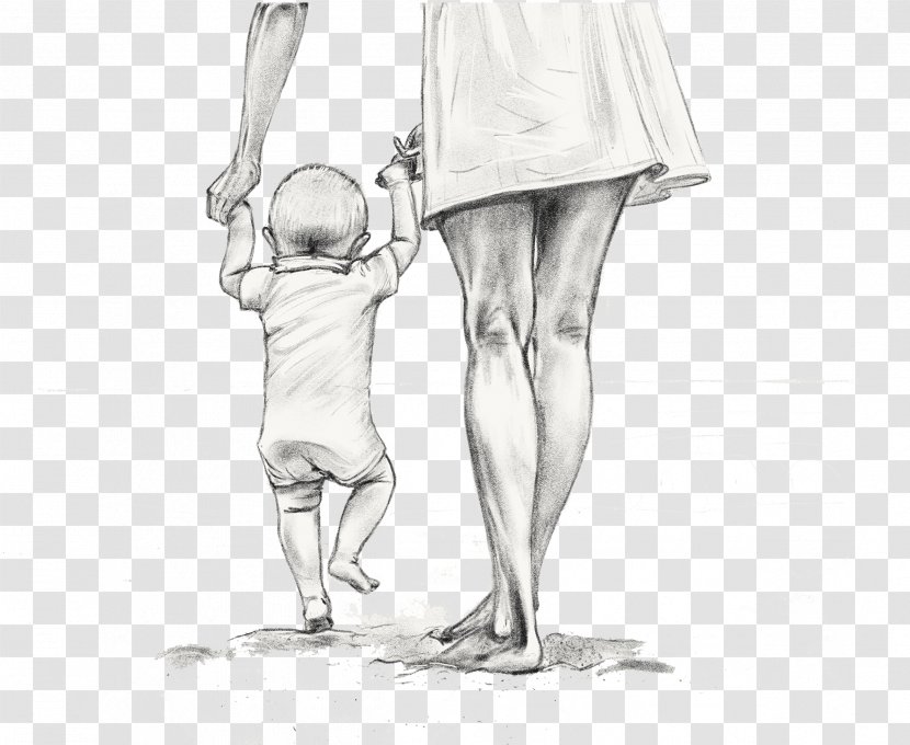 Mother Drawing Child Sketch - Watercolor - Holding A Walking Hand-drawn Transparent PNG