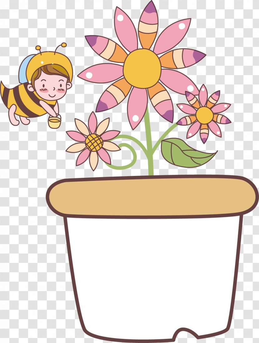 Bee Floral Design Drawing - Flower Arranging - Cartoon Flowers And Bees Transparent PNG