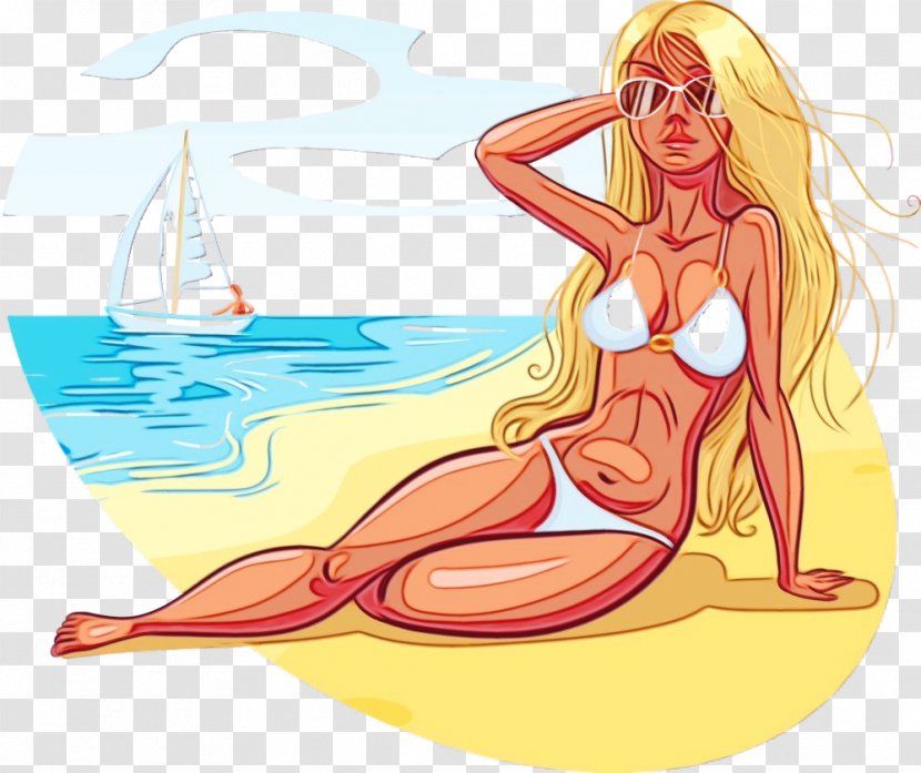 Cartoon Water Bikini Swimwear Long Hair - Watercolor - Sun Tanning Transparent PNG