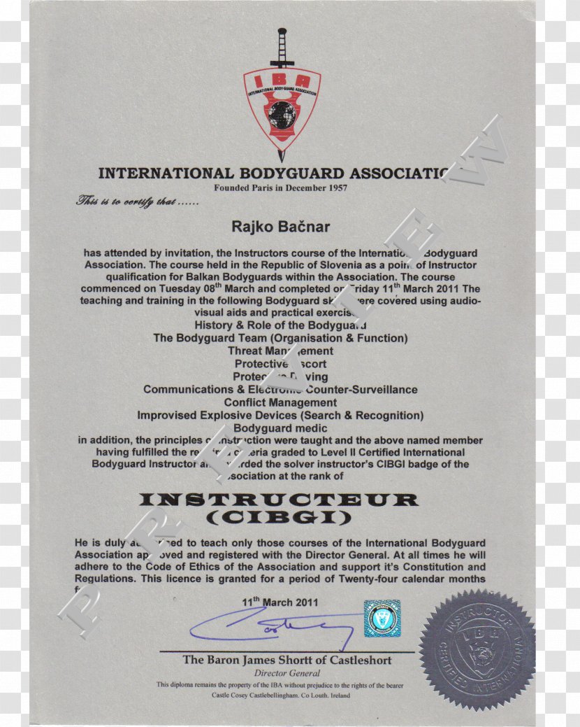 Bodyguard Organization Document Certification Badge - Croatia - Cheaf Transparent PNG