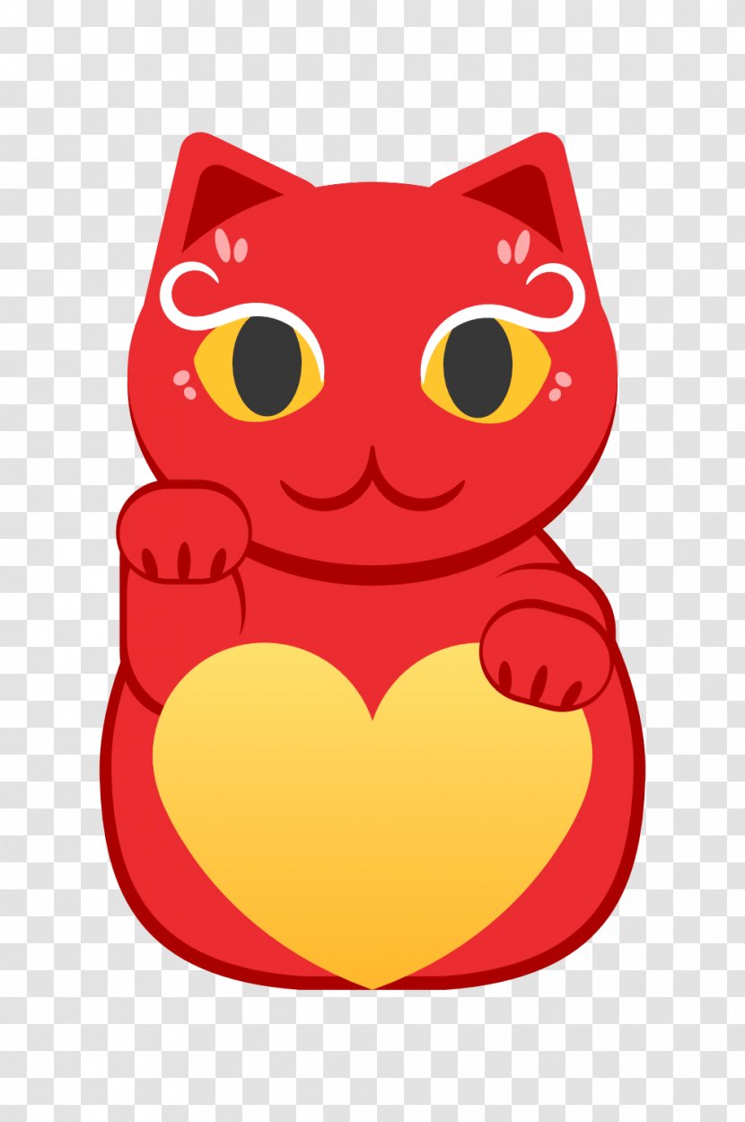 Red And Yellow Lucky Cat With Heart. - Heart Transparent PNG