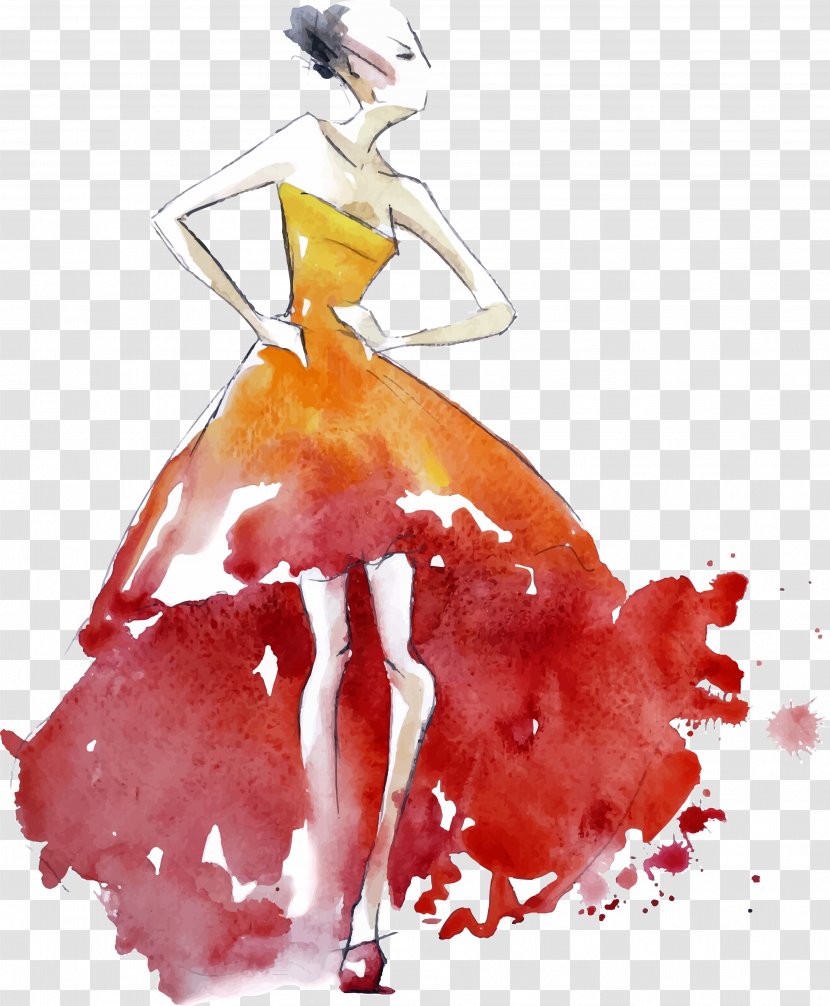 Fashion Design Illustration Drawing - Watercolor Painted Female Model Transparent PNG