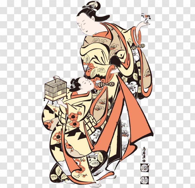 Japan Ukiyo-e Bijin-ga - Torii Kiyonaga - Cartoon Hand-painted Vector To Play The Japanese Mother And Child Transparent PNG
