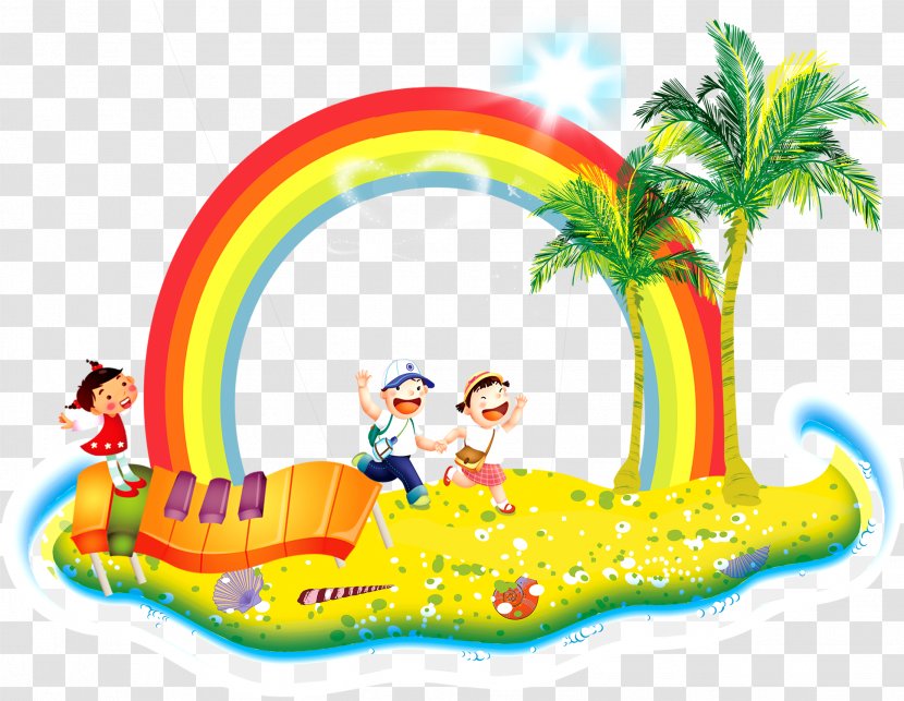Drawing Cartoon Clip Art - Text - Child Running Coconut Tree Rainbow Decoration Background Transparent PNG