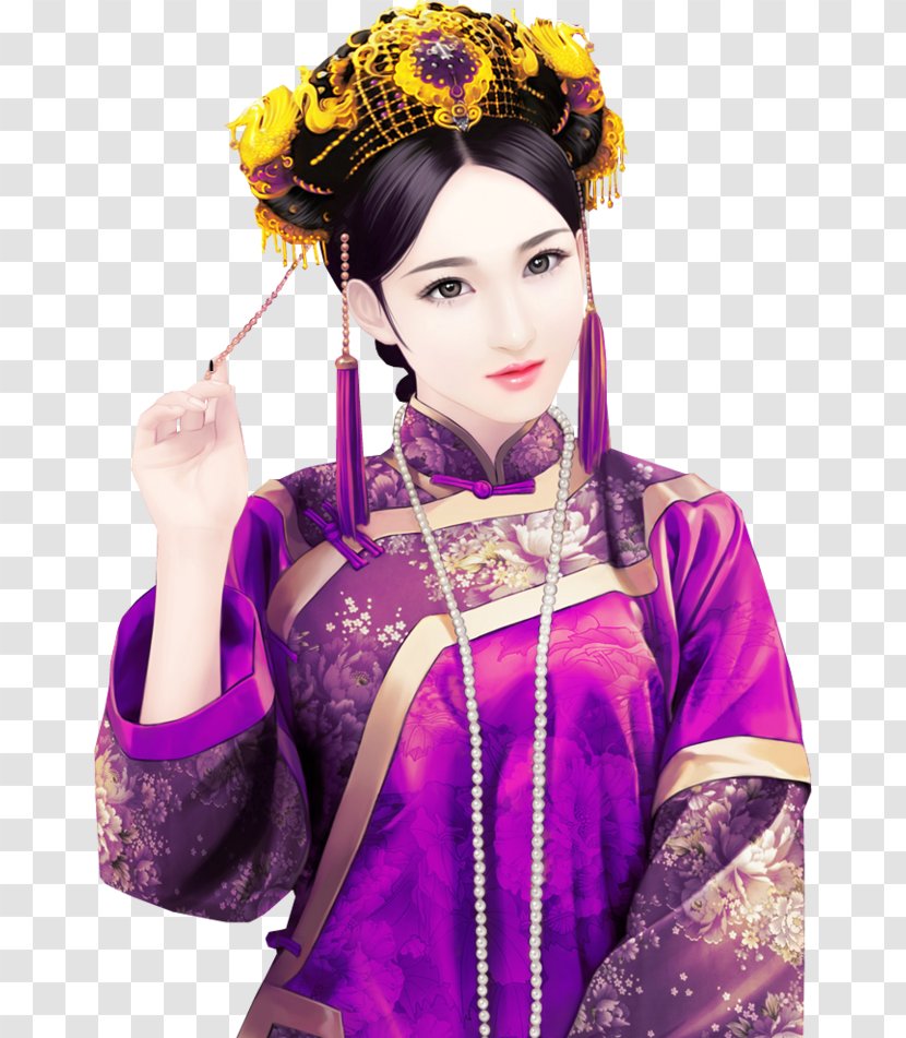 固伦端敏公主 Qing Dynasty Thick Black Theory Cheongsam Costume - Purple Transparent PNG