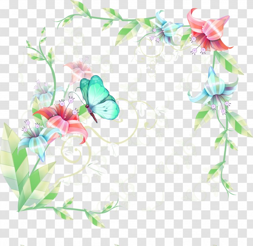 Butterfly Funky Birds Flower Clip Art - Transparency And Translucency - Green Leaves Of Flowers Decorative Borders Transparent PNG